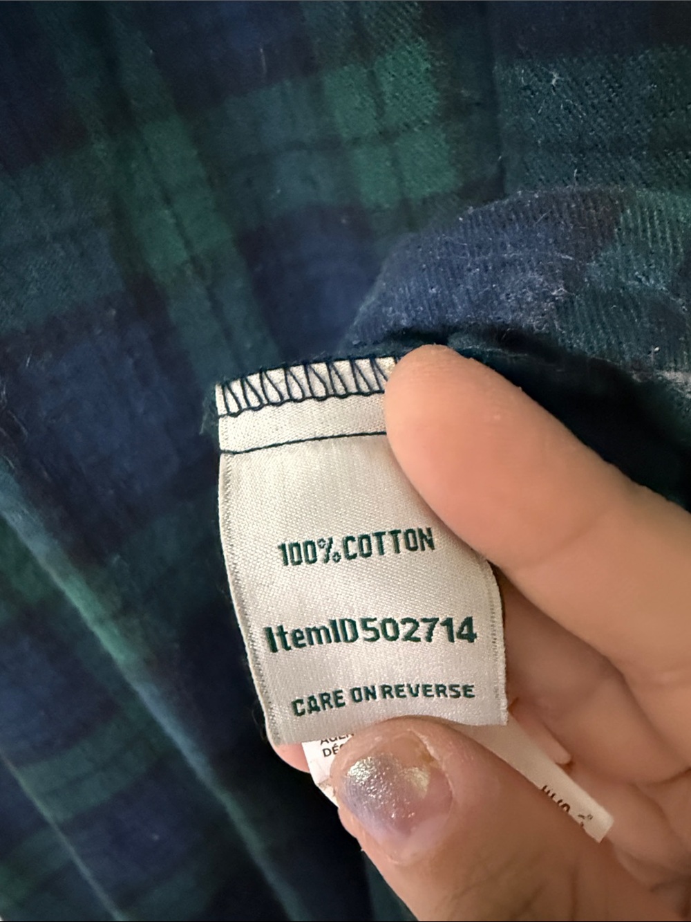L.L. Bean Navy and Green Plaid Button-Front 100% cotton flannel nightgown - Picture 3 of 4